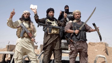 Islamic state fighters  removing the border between Syria and Iraq (Newscom TagID: zumaglobal333109.jpg) [Photo via Newscom]